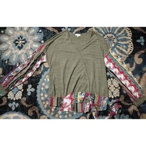 Women's Umgee Green Patchwork Sleeves Hem Pullover Top Large Artsy Boho Hippie